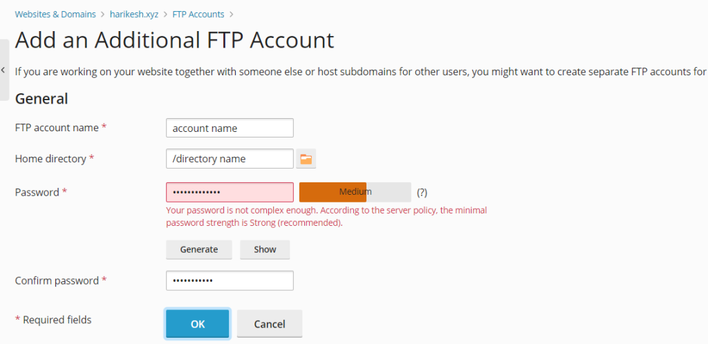 add FTP account in plesk