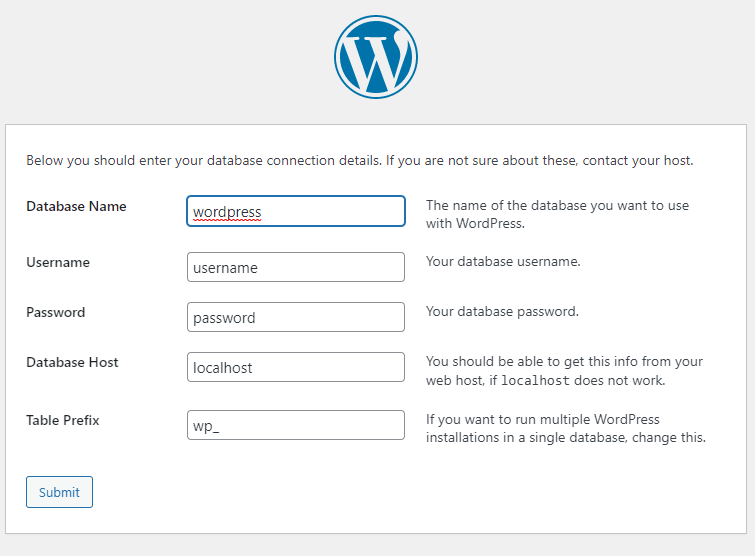 Database Setup on wordpress