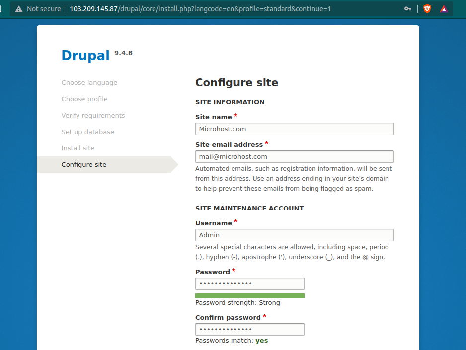 Enter the domain details on the fifth page, Install Drupal on Ubuntu