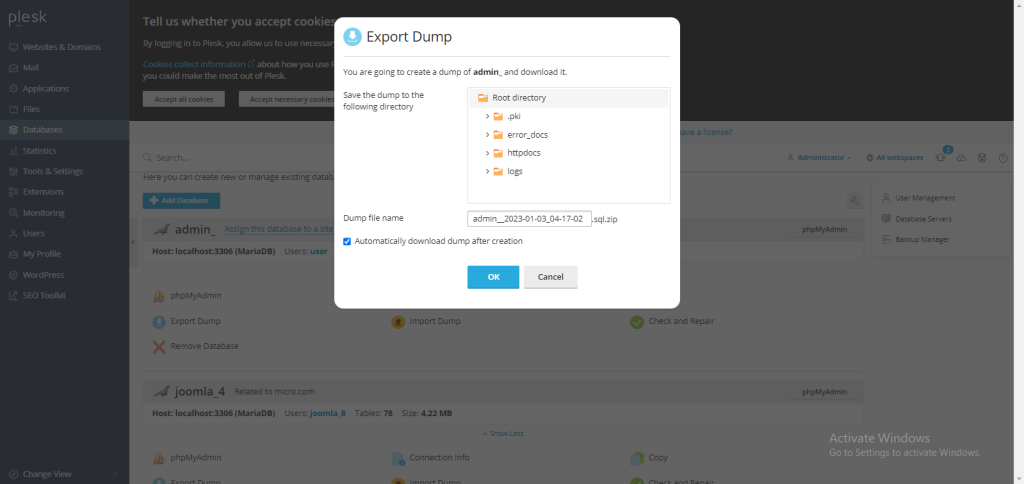 How to Export and Import Database Dumps in Plesk