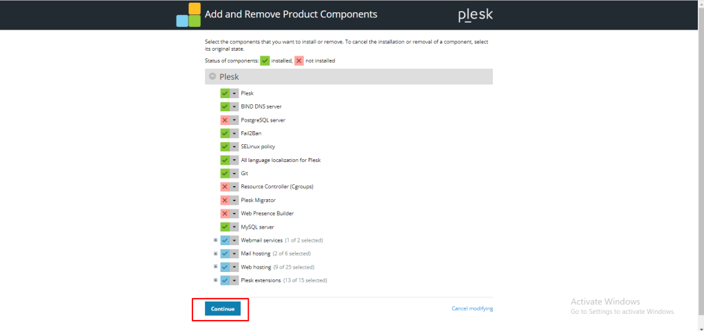 remove components in Plesk