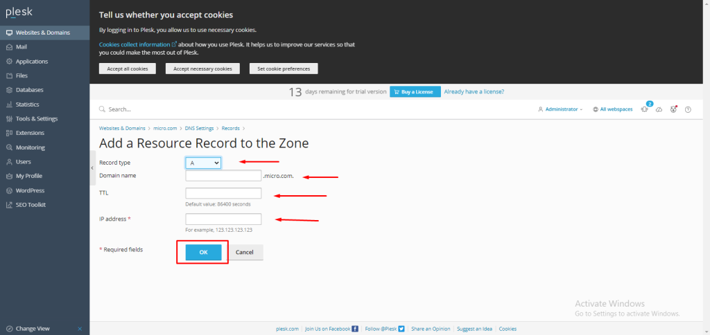 add A record in Plesk