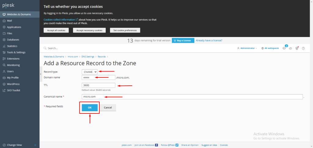 add CNAME record in Plesk
