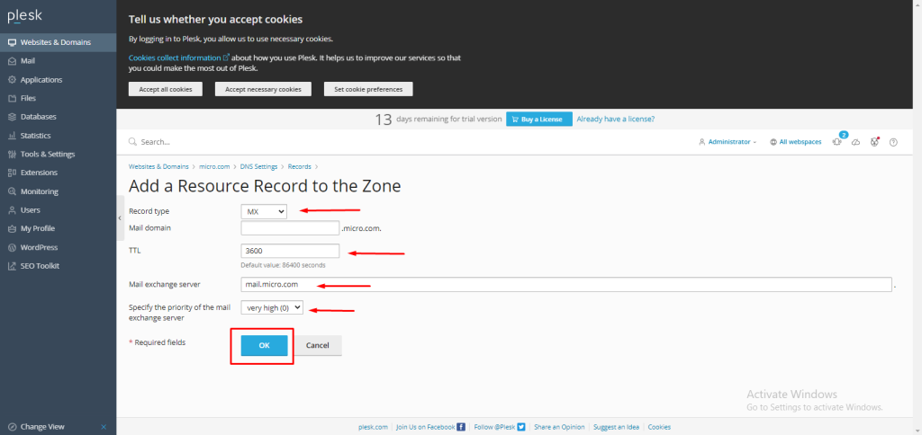 add MX record in Plesk
