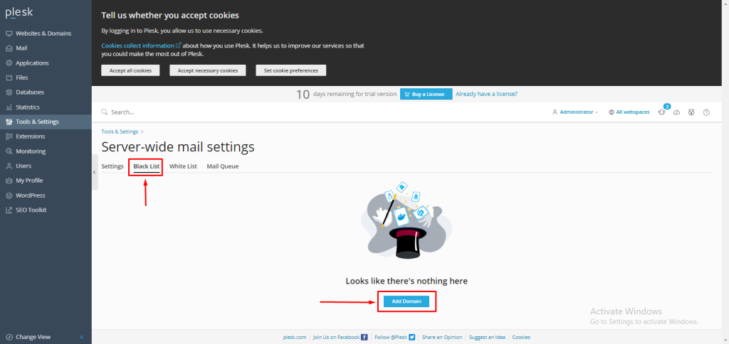 Server-wide blacklist in Plesk