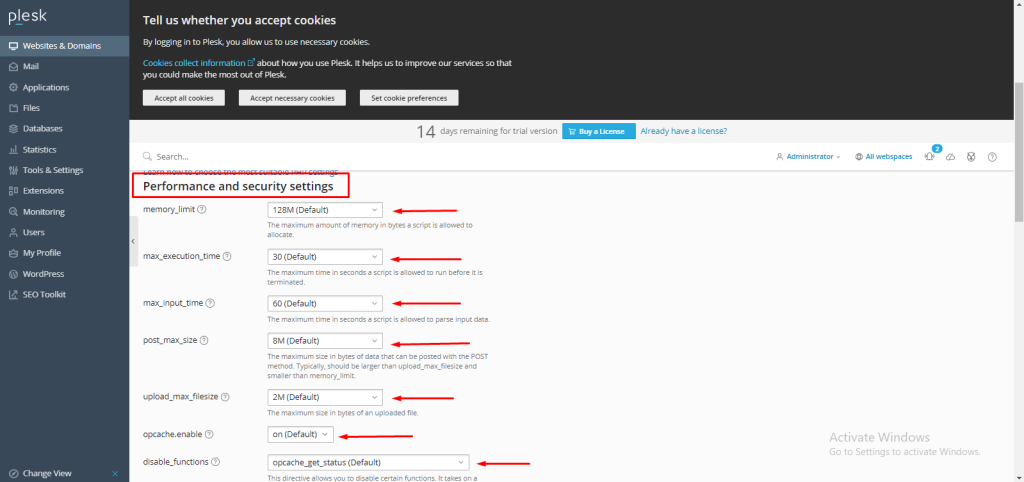 change PHP parameter manually through Plesk.
