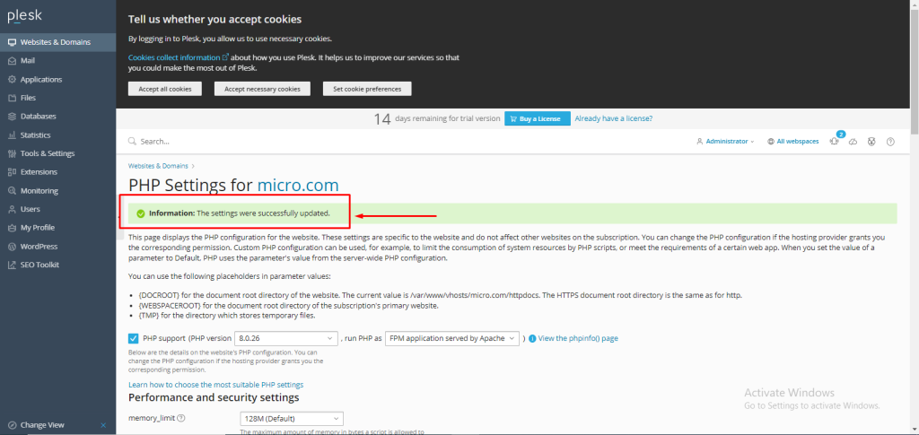 change the PHP version on Plesk