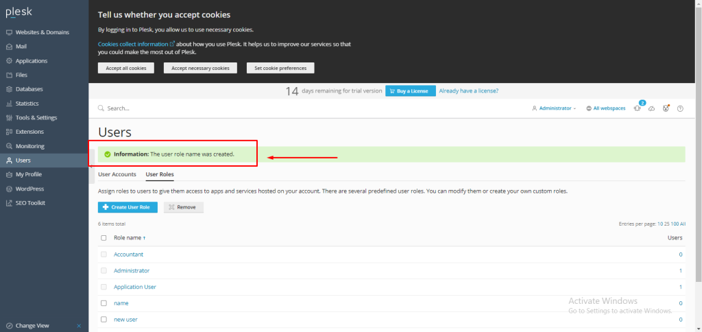 create a user role in Plesk