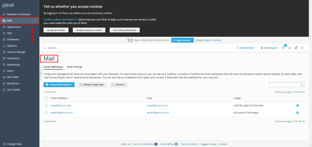 delete an Email account in Plesk