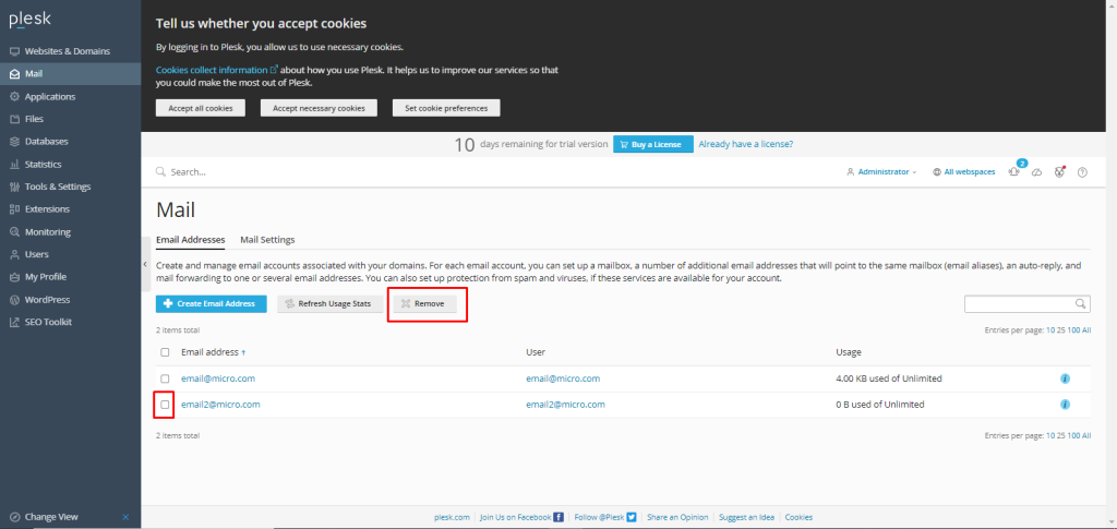delete an Email account in Plesk