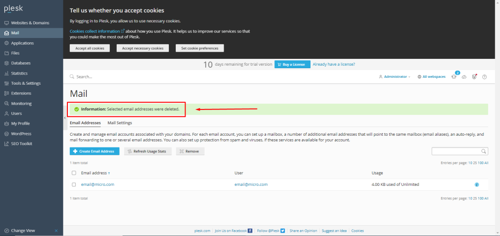 delete an Email account in Plesk