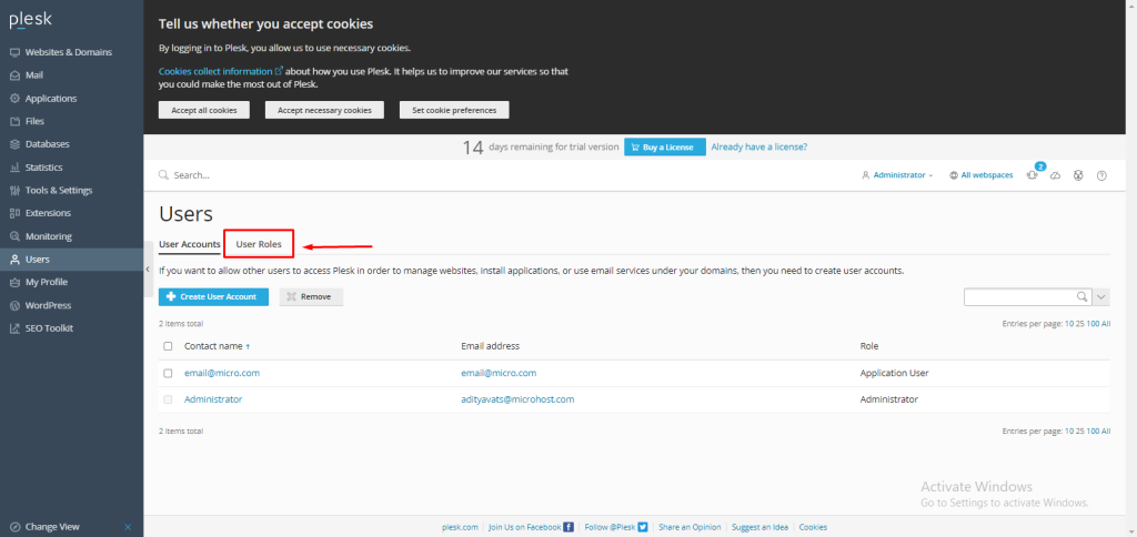 manage user roles in Plesk.