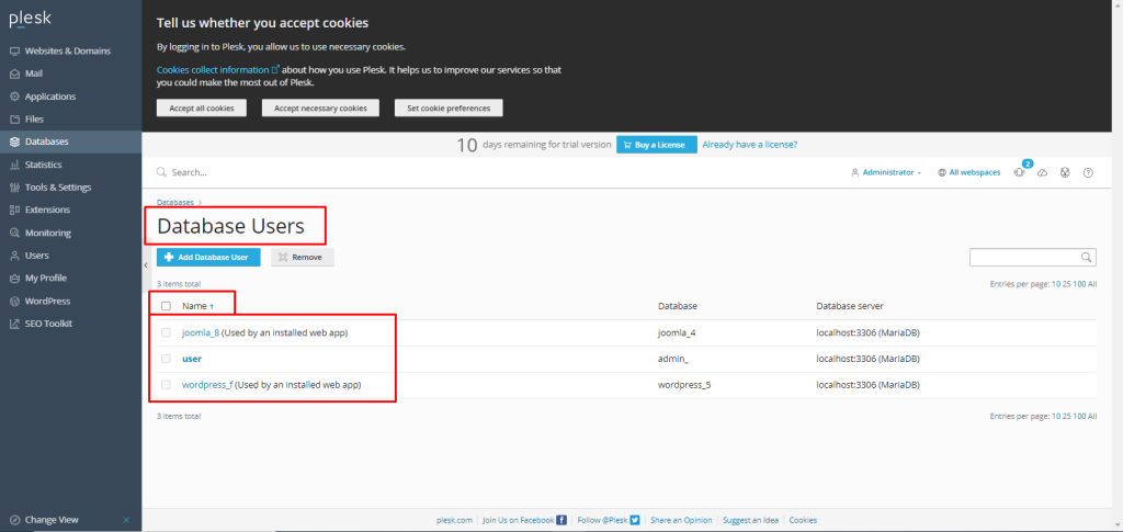 modify Database user privileges in Plesk