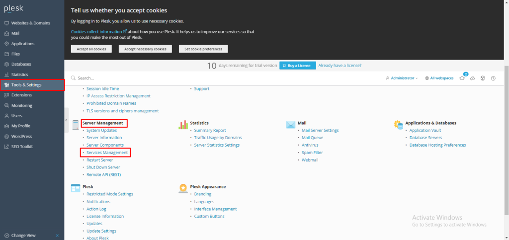 Start, Stop or Restart System Services in Plesk