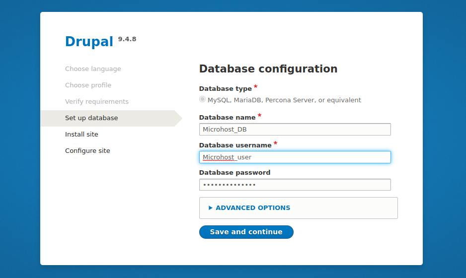 Third page to enter the database details
