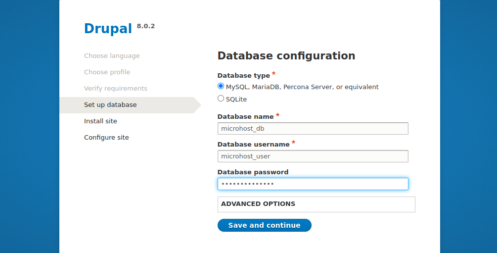 Third page to enter the database details