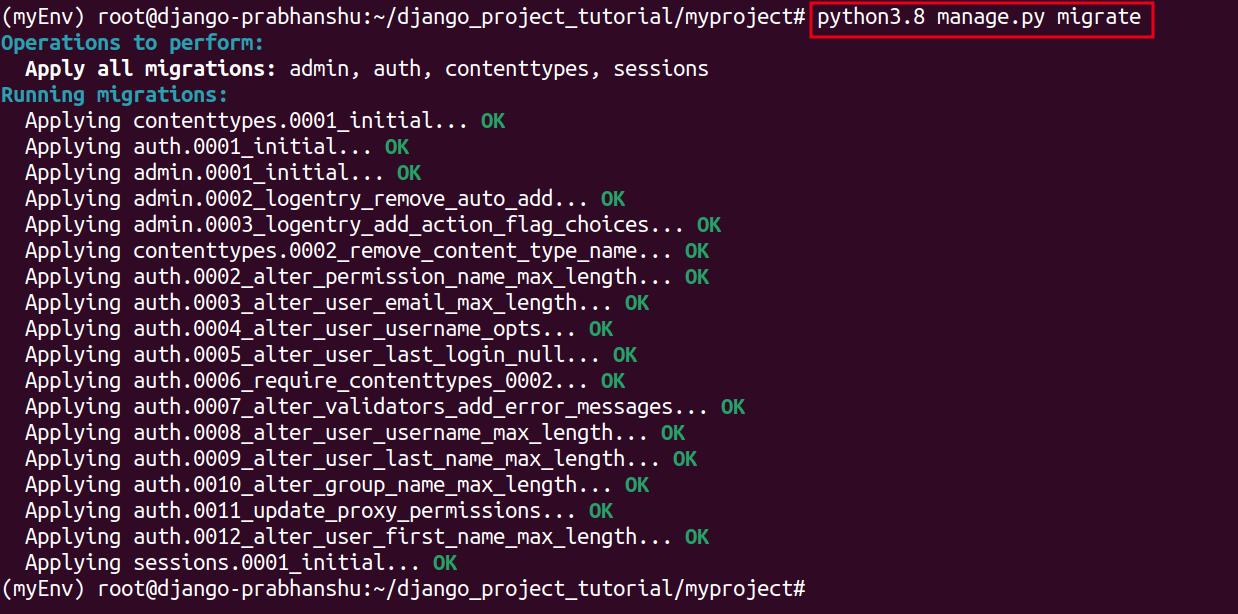 Migrate the database of django project
