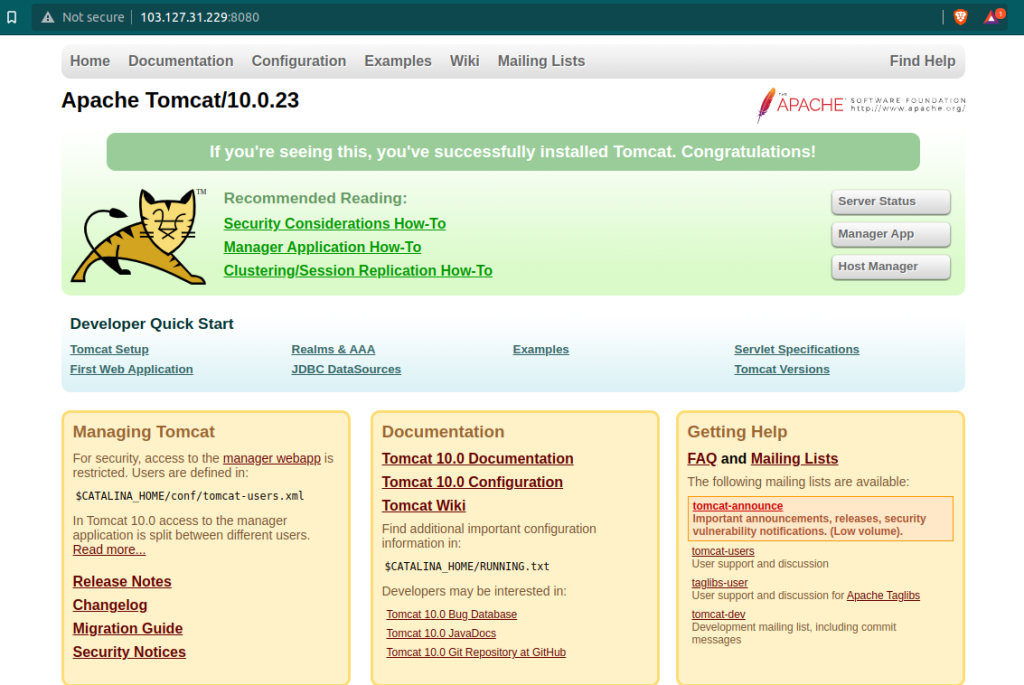 Tomcat default page after installing on Ubuntu server