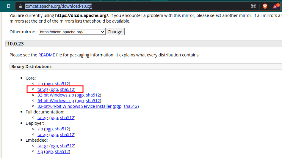 Download page of Tomcat