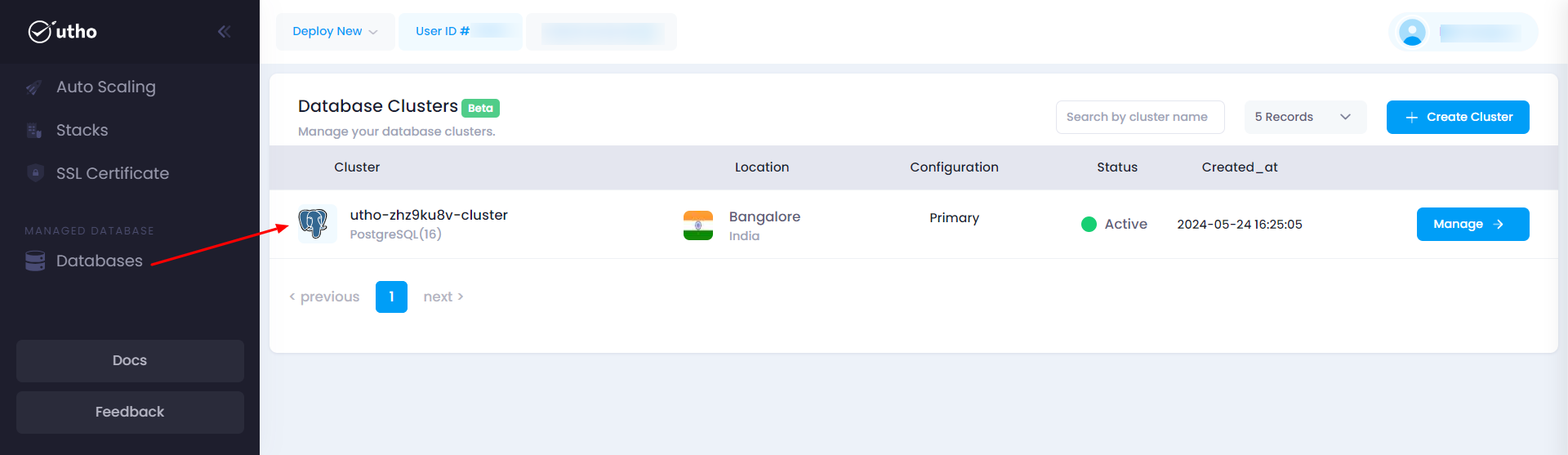 Utho-database-cluster-postgre-list