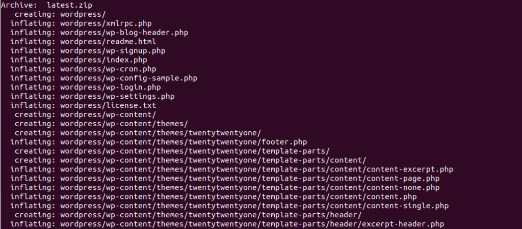 output after unziping the latest downloaded wordpress