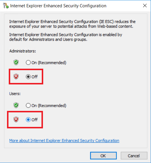 Turn off Internet Explorer Enhanced Security