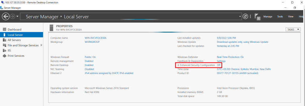 Turn off Internet Explorer Enhanced Security